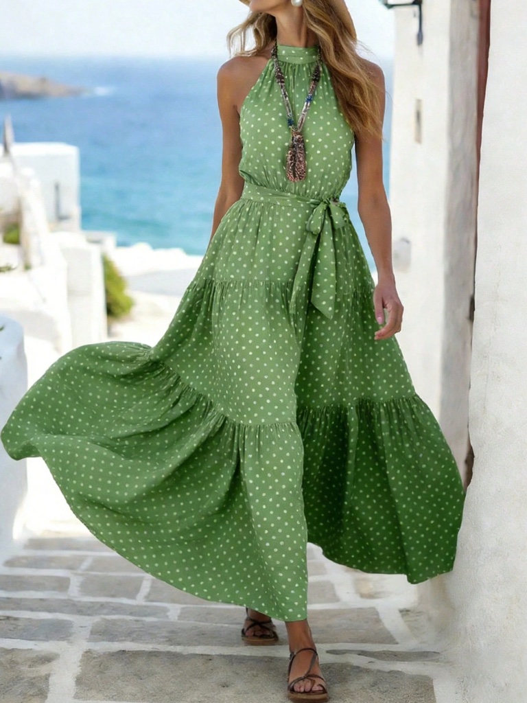 Polka Dot Green Boho Style Maxi Belted Halter Dress